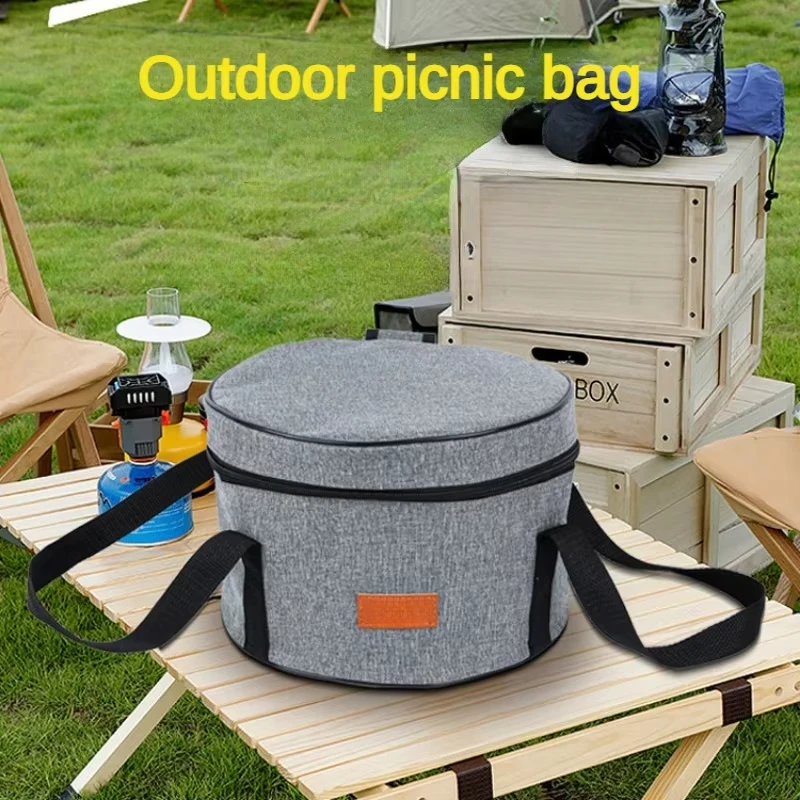 Camping Storage Bag Oxford Cloth Round Camping Storage Bag Portable Cookware Food Fresh-Keeping Thermal Bag for Lunch Solid Color Picnic Basket