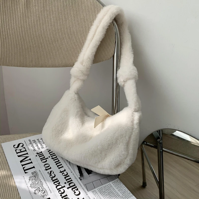 

Fashion Soft Plush Handbags Women Faux Fur Ladies Small Shoulder Bags Clutch Purse Solid Color Female Underarm Bag