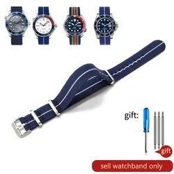Vintage-Inspired 60's French Army Nylon Watch Strap - Black & Green Woven Design - 22mm (Blue White-Steel)