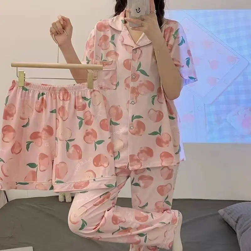 3pcs Pajamas Women's Summer 2024 New Short-Sleeved Lapel Trousers Top Loose Kawaii Clothes Homewear Sense of Luxury BirthdayGift 2
