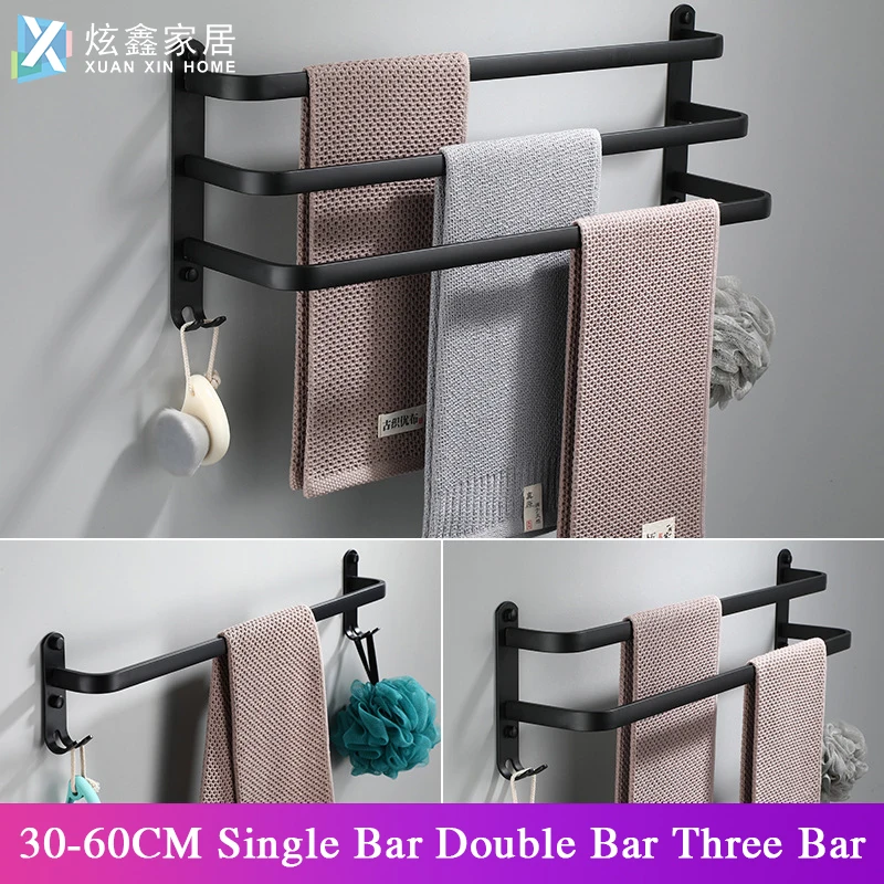 Bathroom Towel Rack 30-60CM Wall Mounted Shower Room Holder Kitchen Aluminum Multilayer Layer Wiht Hook Black Hanger Accessories