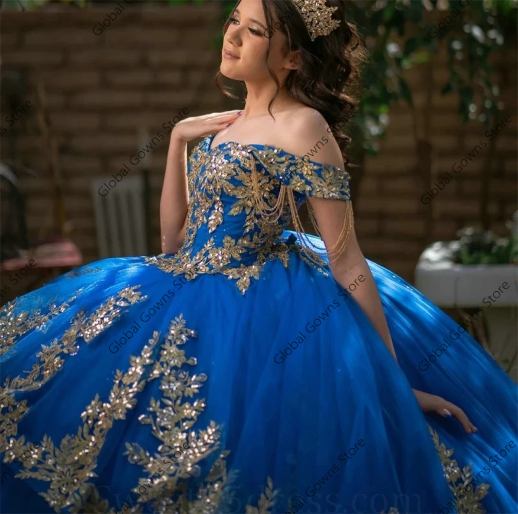 Royal Blue Tassel Quinceanera Dresses Ball Gown Bead Appliques Luxury Dresses Women Off The Shoulder Formal Gown Customized