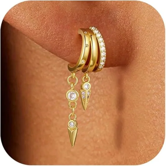 Boucles d'oreilles Triple Huggie plaquées or 14 carats pour femmes, chaîne scintillante CZ, pompon hypoallergénique, bijoux cadeaux