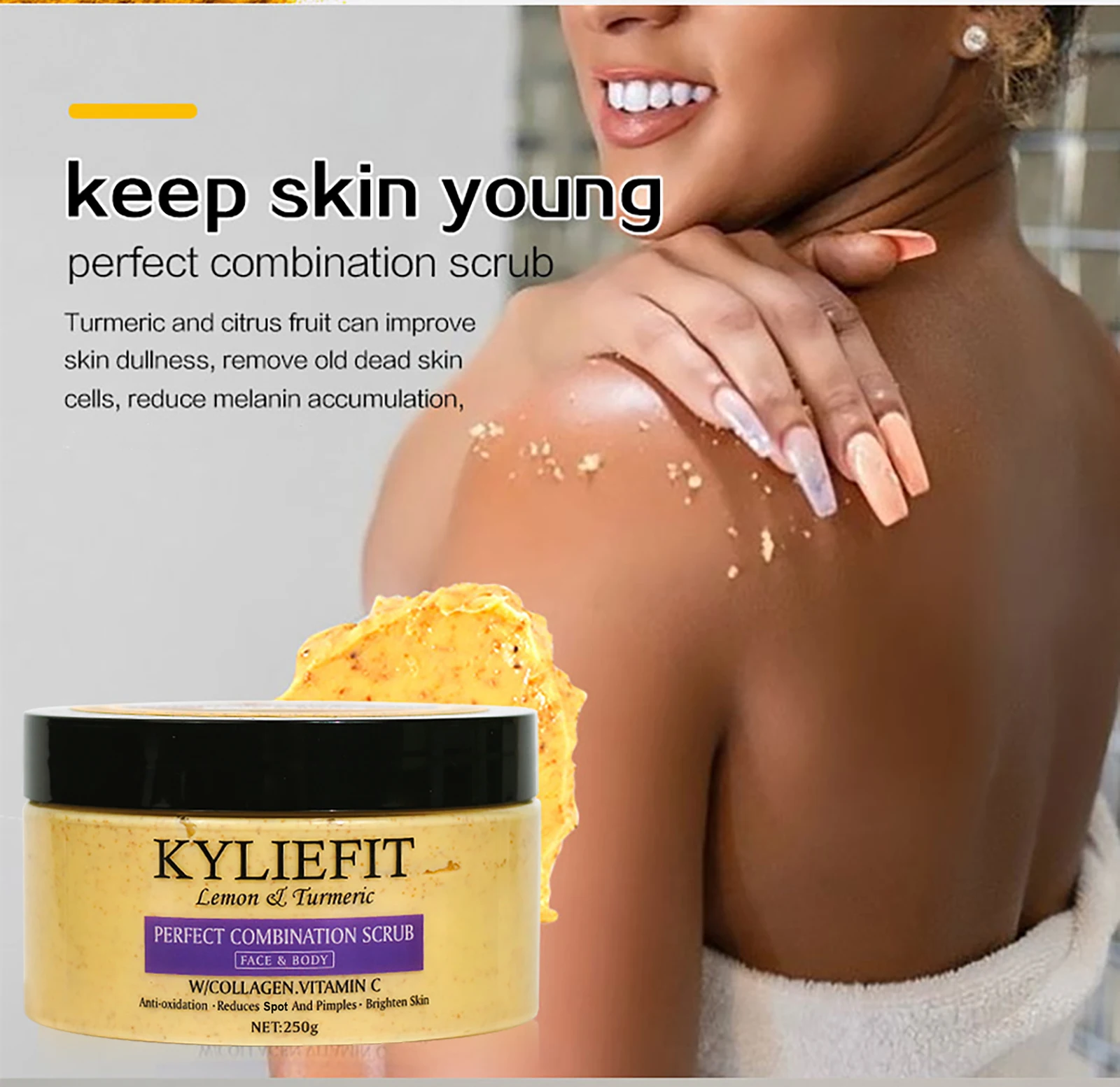 KYLIEFIT Natural Exfoliating Salt Body and Face Scrub, Lightening, Moisturizing, Remove Dark Spots, Acne, Stains, Wrinkles