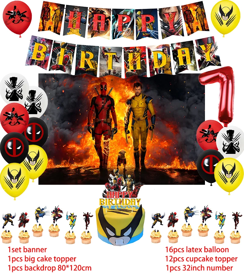 Description Picture 4 of itemDeadpool And Wolverine Birthday Party Decoration Balloon Banner Backdrop Cake Topper Supplies Baby Shower