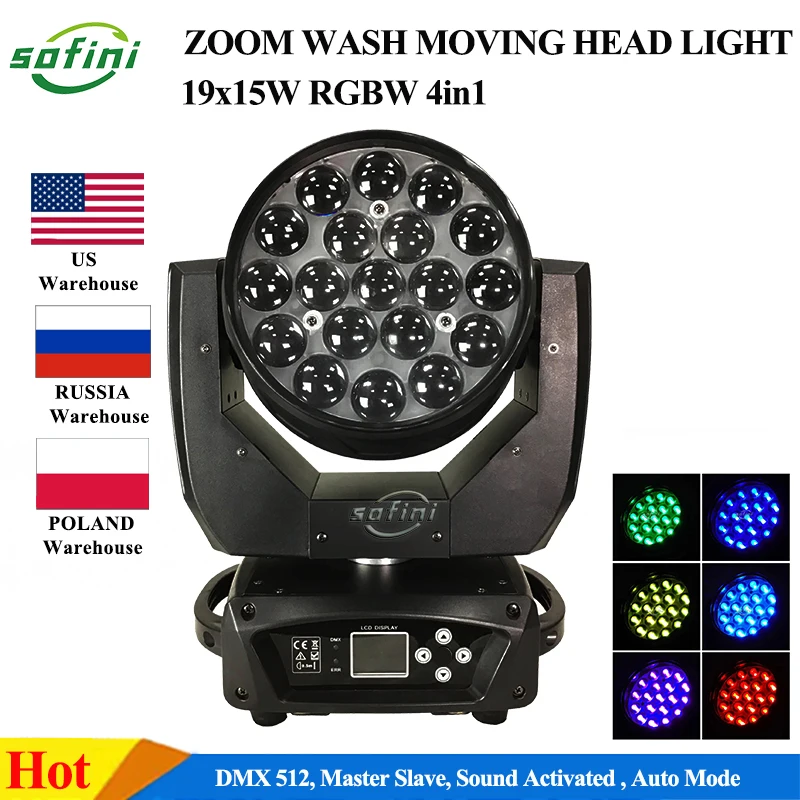 1 unidad de luz LED Wash con zoom y movimiento de cabeza, tipo Lyre, con efecto de haz RGBW de 19x15W, en flight case, ideal para escenario