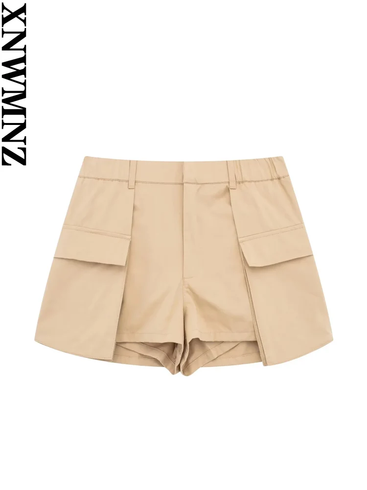 

XNWMNZ 2023 Women Fashion Pocket Skort Female Vintage High Waist Zipper Casual Versatile Woman Chic Shorts Skirt