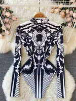 Women Bodysuit 2025 New Spring Fashion Diamonds Long Sleeve T-shirt Casual Streetwear Floral Print Sexy Skinny Bodycon Tops - Image 2