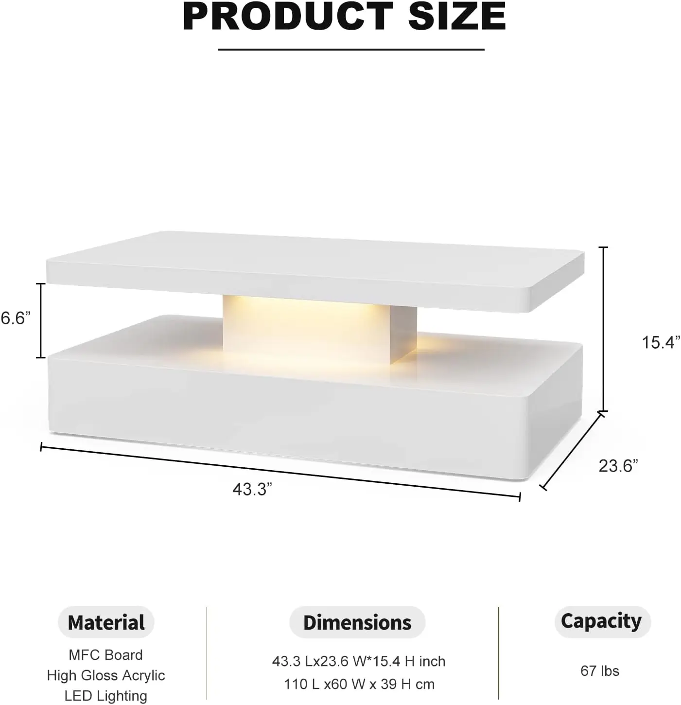 LED High Glossy Coffee Table Modern Coffee Table for Living Room 2 Tiers Rectangle Design Coffee Table with 16 Colors LED Lights 2