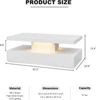 LED High Glossy Coffee Table Modern Coffee Table for Living Room 2 Tiers Rectangle Design Coffee Table with 16 Colors LED Lights 2