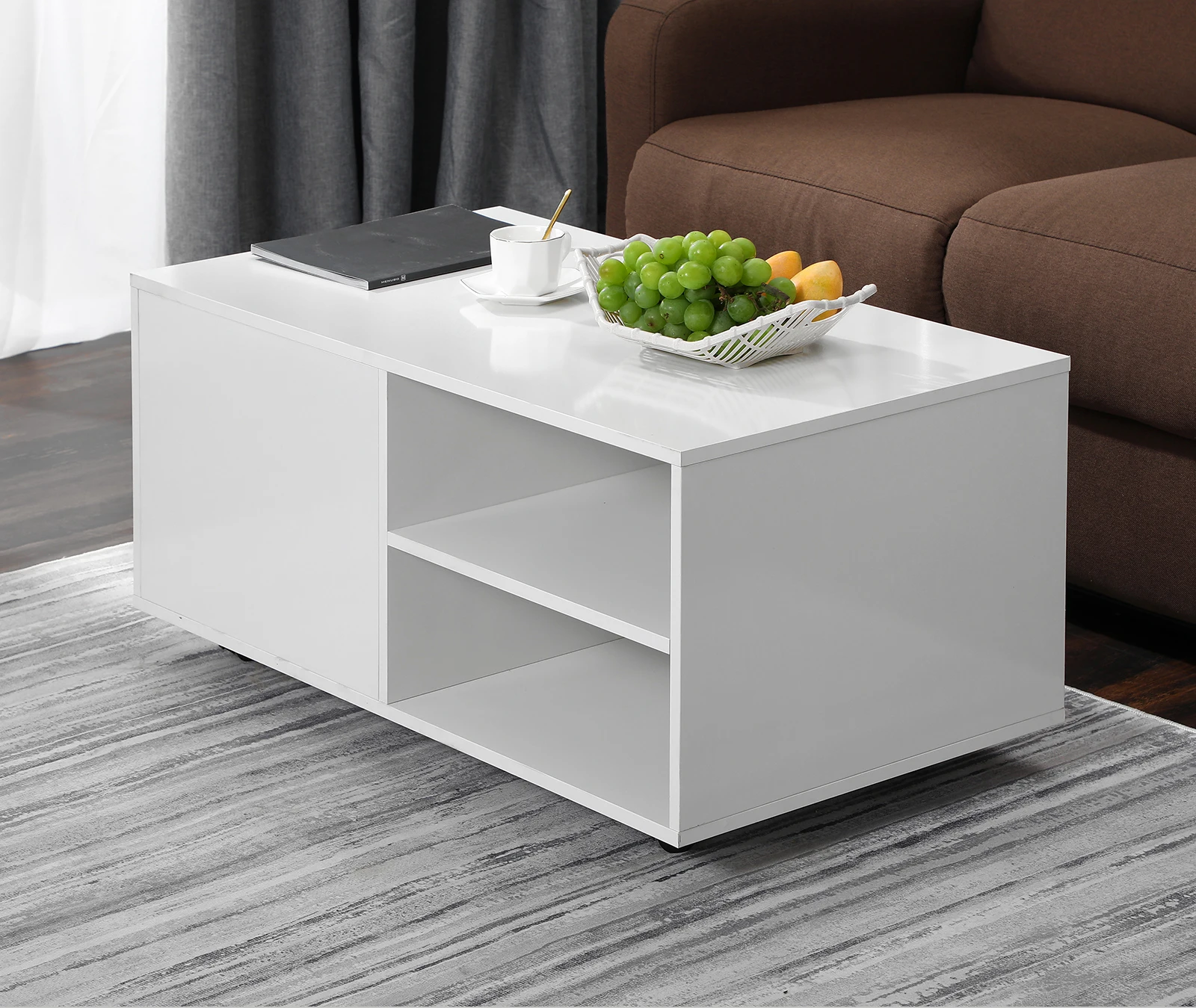 Led Coffee Table Modern Removable Cocktail Table, White High Gloss