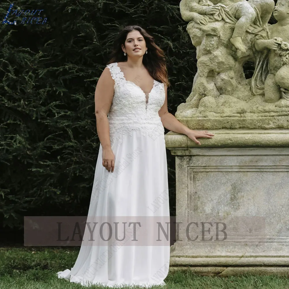 

LAYOUT NICEB Chiffon Plus Size Bride Dresses Lace Deep V-Neck Wedding Gowns Back Buttons Backless Sleeveless vestido Custom Made