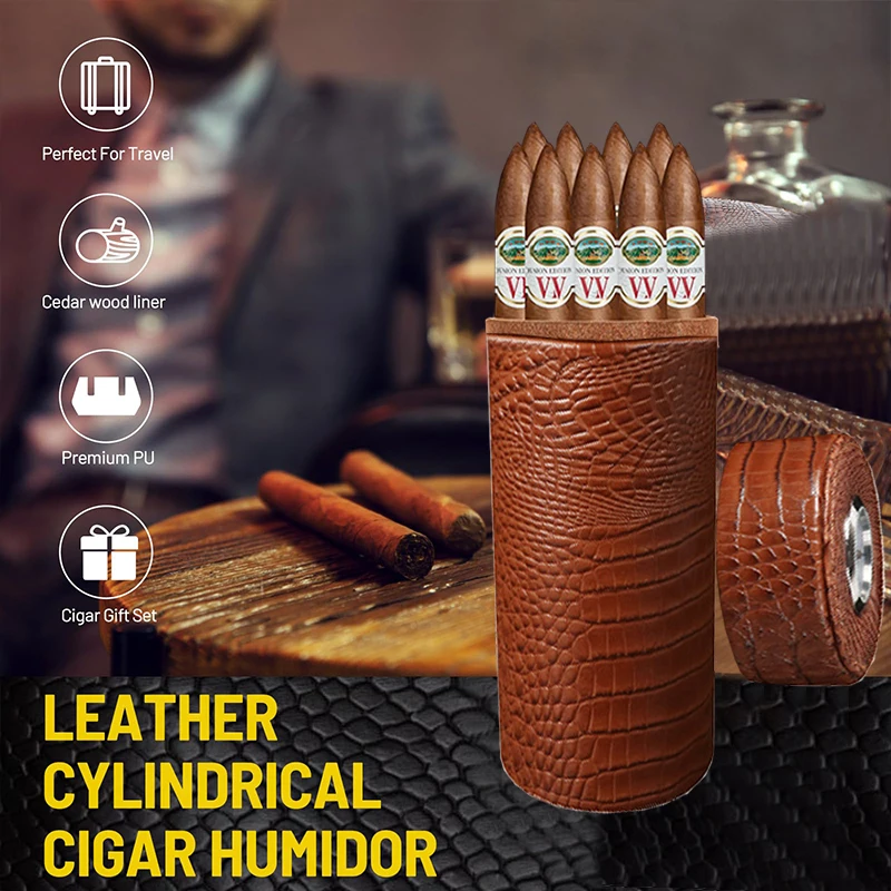 Leather Travel Humidor Cedar Wood Cigar Box Jar W/ Humidifier Hygrometer Humidor Box Fit 5 Cigars Crocodile Texture Leather