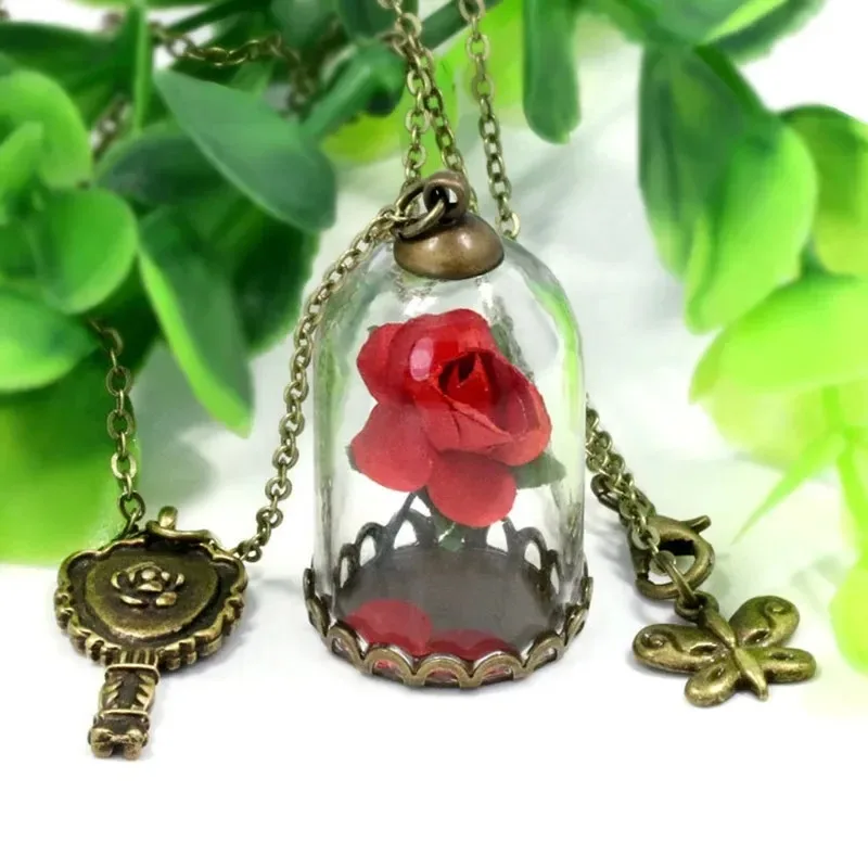 

Beauty and The Beast Retro Glass Vial Necklace Butterfly Wish Accessories Necklace Red Rose Dried Flower Jewelry for Women Girls