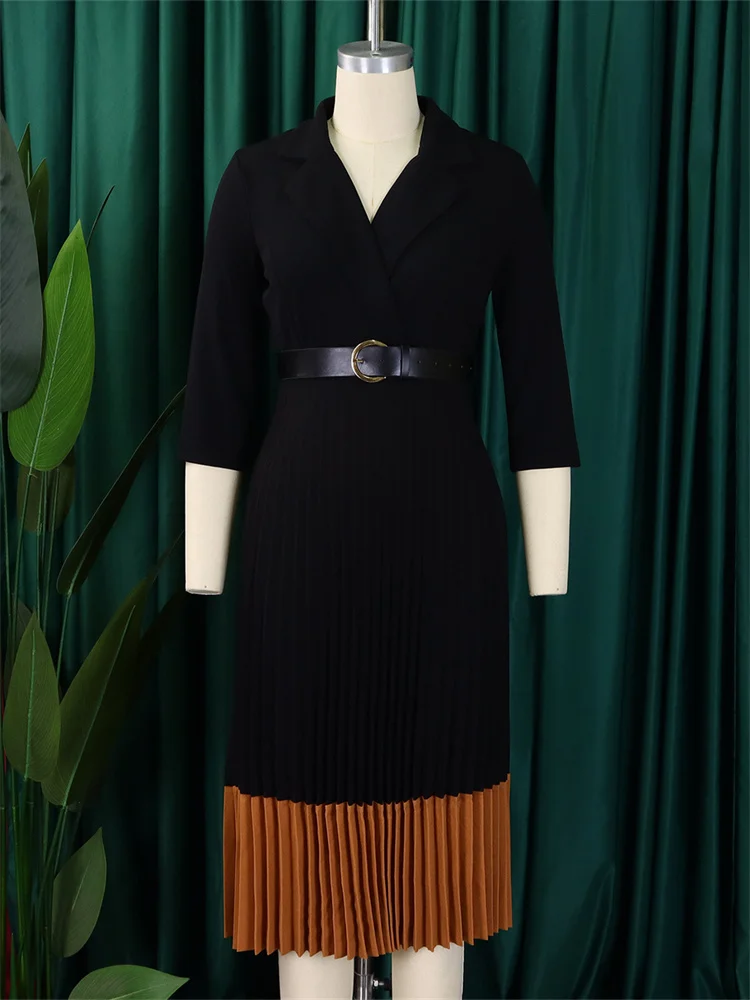 Wmstar 2025 New Women Fashionable Elegant Plus Size Dress Suit Collar Pleated Dress Solid Color Long Sleeve Equipped with Belt