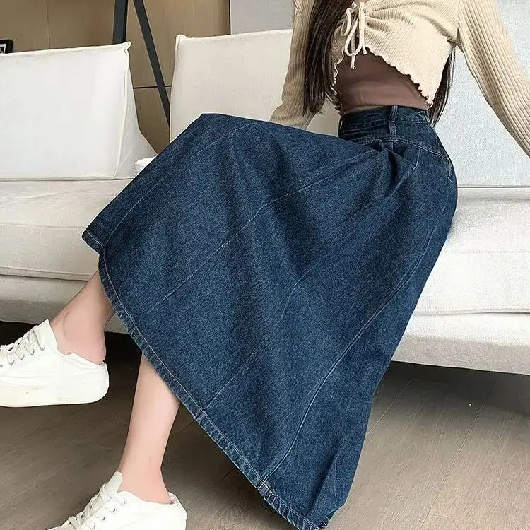 Pleated Jeans Skirts High Waist Chic 2024 Spring Autumn Long Washing Ladies Straight Women  Loose Denim Midi Skirts