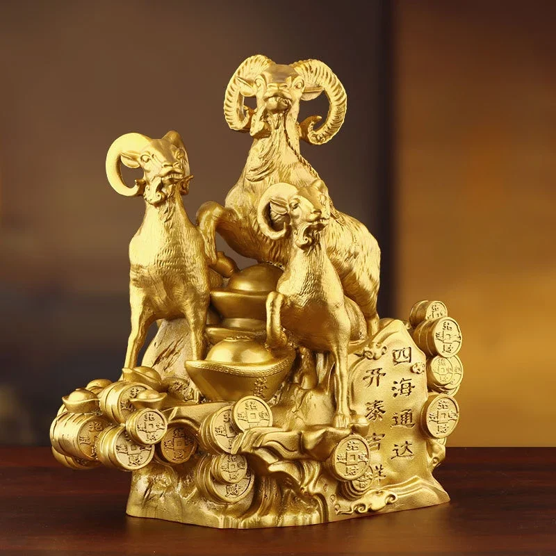 Brass Three Rams Kaitai Sculpture Decorative, Animal Sheep Home Living Room Office TV Cabinets Art Decoration Bronze Crafts, 1Pc