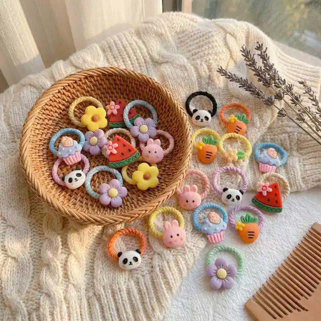 30-Pack Assorted Cartoon Animal & Flower Hair Ties - High Elastic Nylon Hair Bands, Gentle on Hair for Toddlers