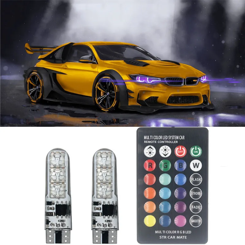 2pcs T10 5050 12SMD RGB LED Multi Color Car Wedge Lamp Bulbs with Remote Control 