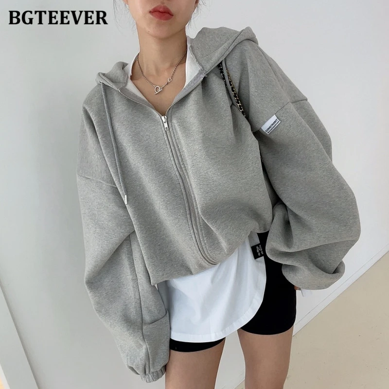 

BGTEEVER Casual Thicken Velvet Long Sleeve Women Hoodies Winter Fashion Warm Loose Zipper Up Female Solid Sweatshirts Cardigans