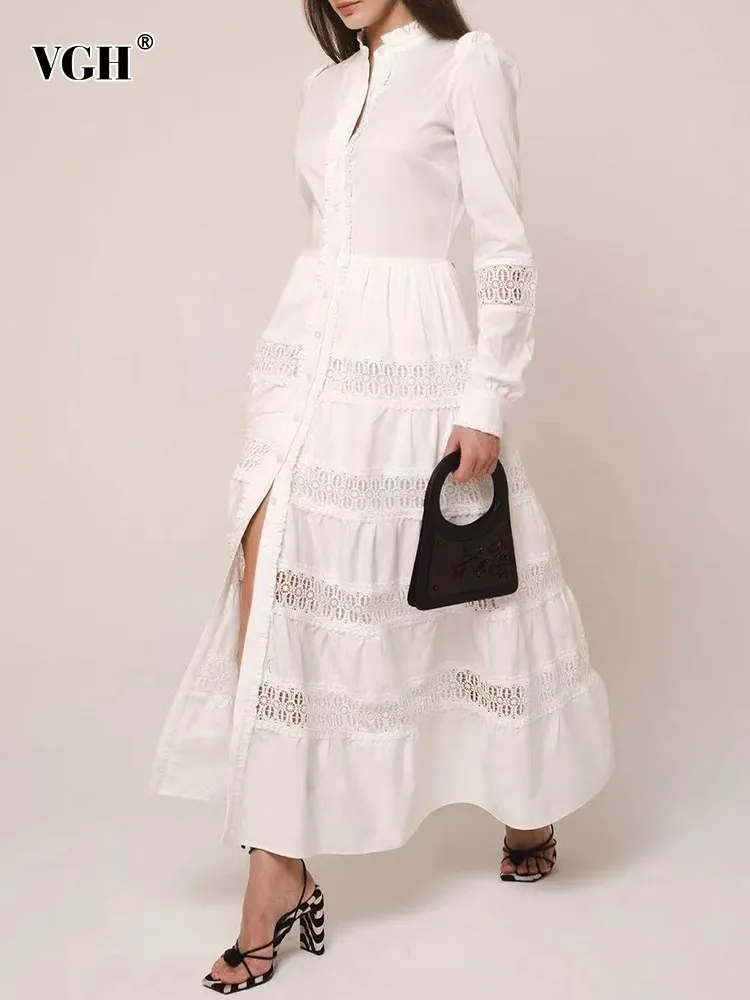 

VGH Solid Cut Out Elegant Dress For Women Stand Collar Long Sleeve High Waist A Line Single Breasted Long Dresses Female Fashion