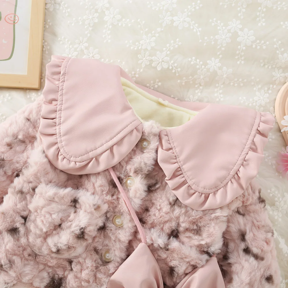 Winter New Girl's Coat Fluffy Sweet Cute Coat + Cross Bow Lace Fold Lapel Warm Thick Padded with Fashion Button