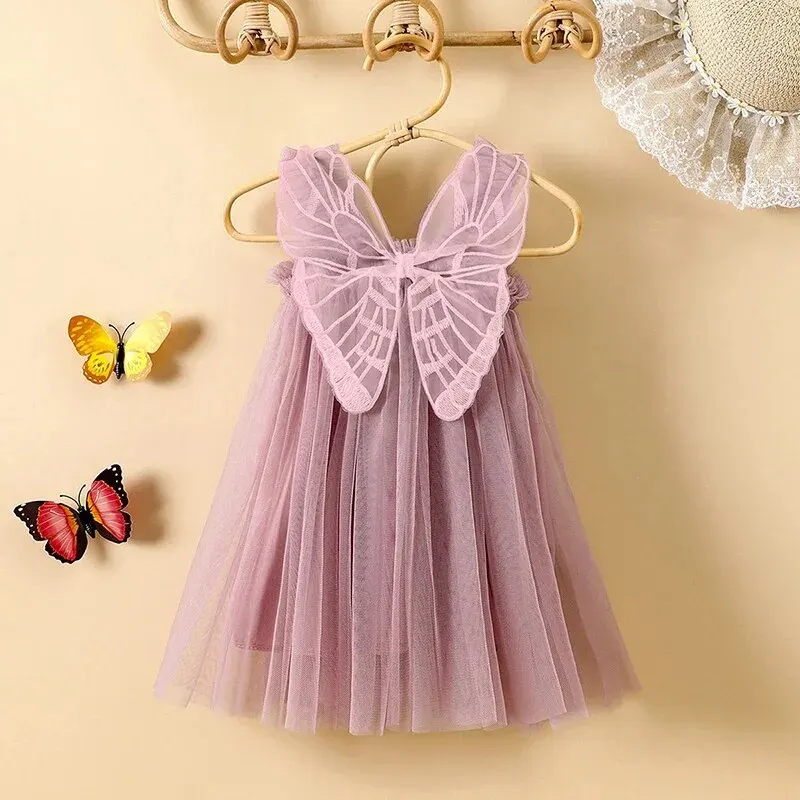 Baby Dresses 1-5 Yrs Suspender Kids Mesh Summer Dress Butterfly Wings Little Girls Birthday Cute Princess Dress