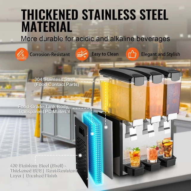 SucceBuy 3 Tanks Commercial Beverage Dispenser 10L/18L Per Tank Juice Dispenser Stainless Steel Ice Tea Drink Machine for Drink 4