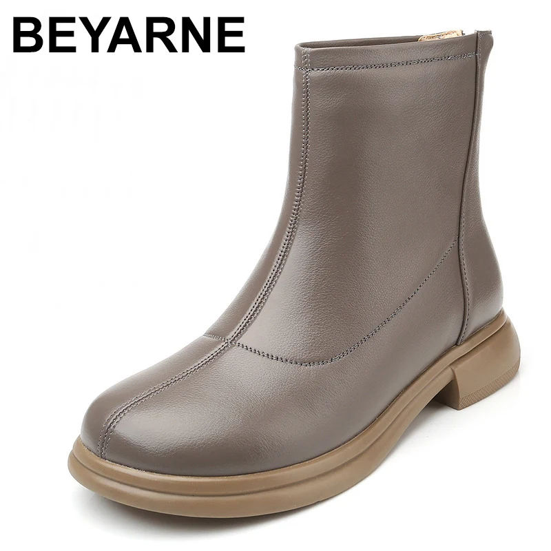 

Women Booties Genuine Leather British Style Short Boots Women Fashion Retro Back Zipper Round Toe High Heels Boots Women