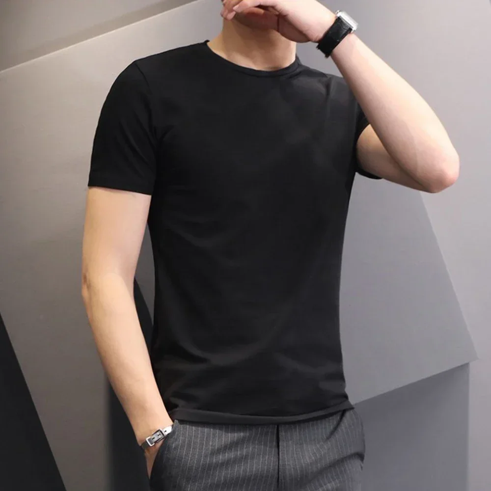 Men T-shirts White Black Short Sleeve Loose Round Neck Bottoming Shirts Trendy Casual Solid Color Pullover Tops Male Clothing 2