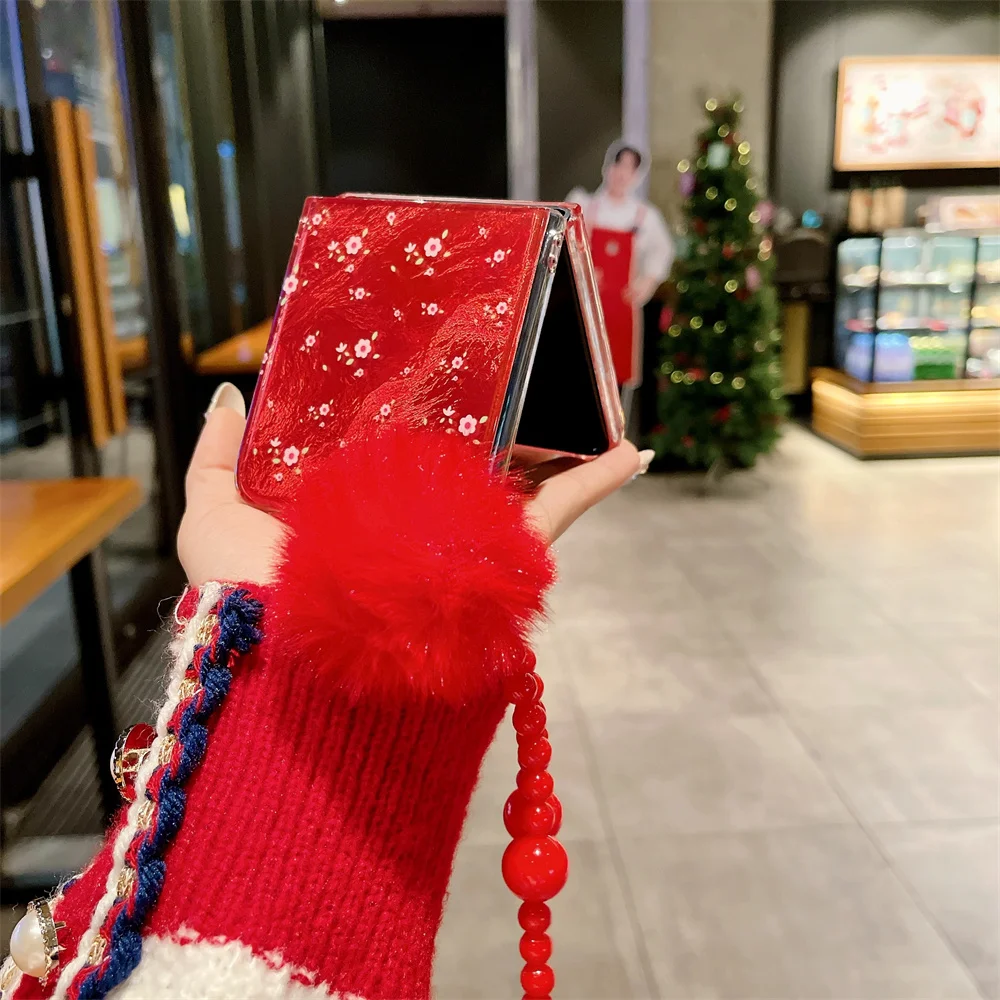 Red Flower Shockproof Protective Phone Case with Bracelet and Hairball Attachment