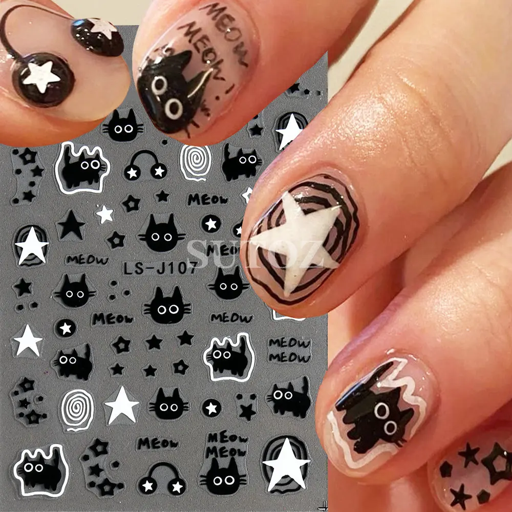 3D Cartoon Cat Nail Stickers Cute Meow Black White Star Graffiti Nail Decals Childlike Sticker DIY Charms Manicure Decor LEBLS-J nail stickers nail decals nail art decoration