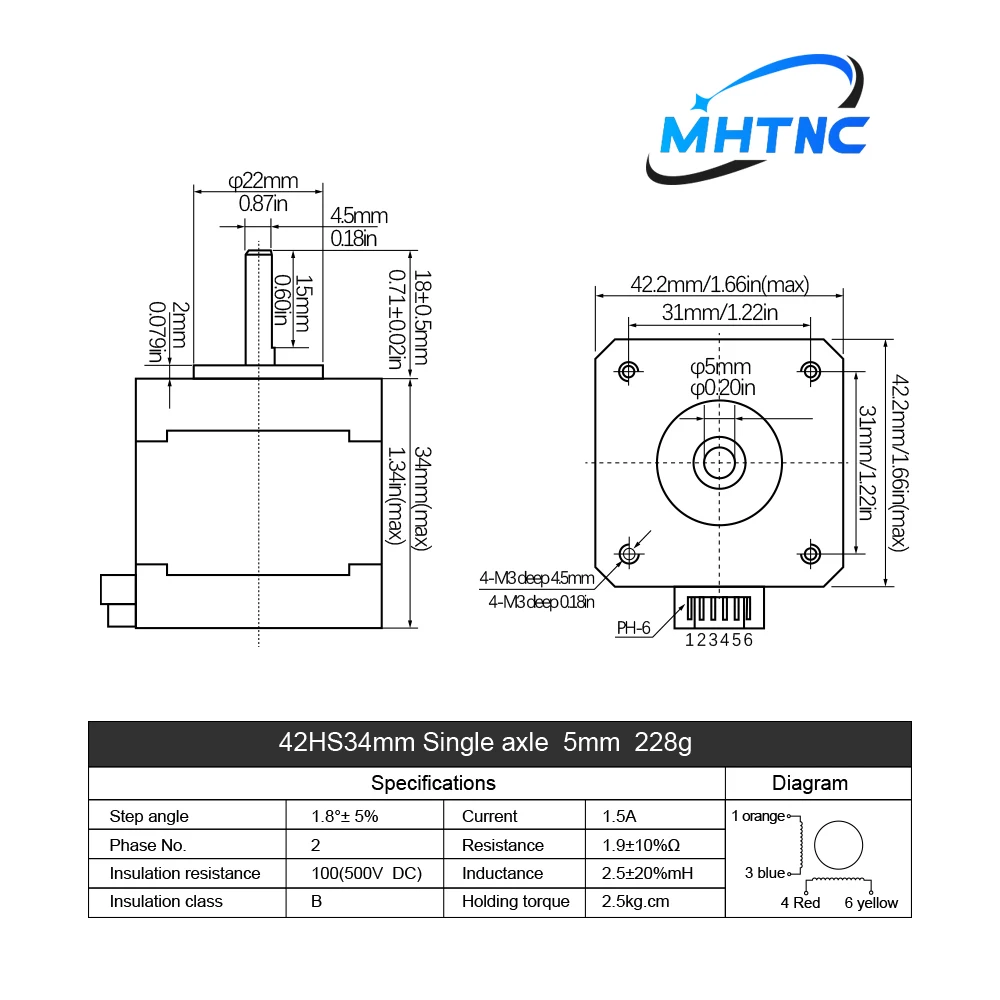 MHTNC Nema17 Stepper Motor 0.28Nm 42HS34 1.5A 34mm Length 5mm Shaft 4-lead 2 plase CNC 3D Printer XYZ Engraver
