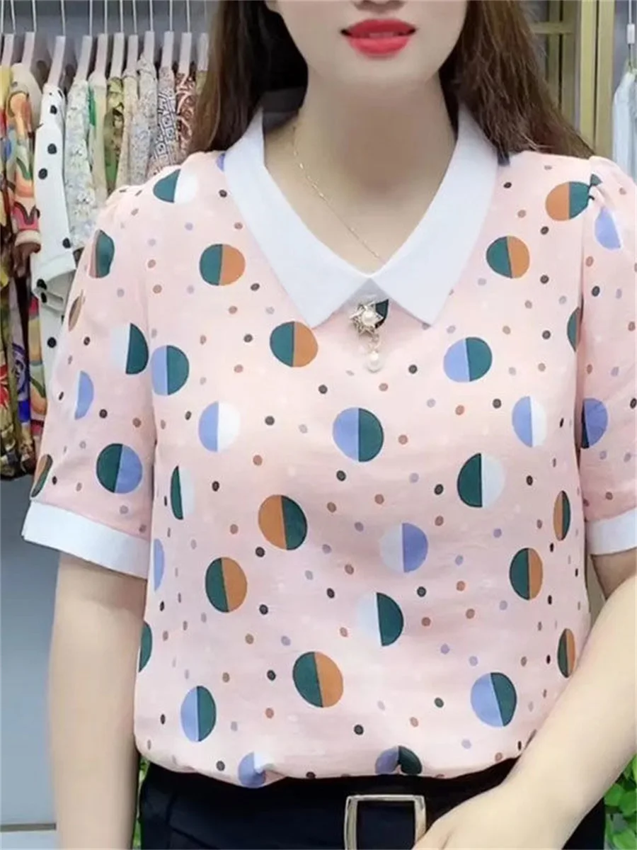 

Woman Summer Style Blouses Tops Lady Casual Short Sleeve Peter Pan Collar Polka Dot Printed Blusas Tops DF4409