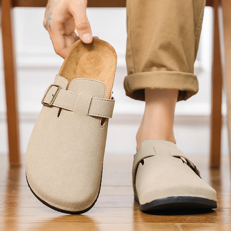 Popular Cow Suede Men's Clog Slippers Men's Suede Clogs Leather Mule Cork Foot Bed Sandals Beach Slide Bowtoe Shoes