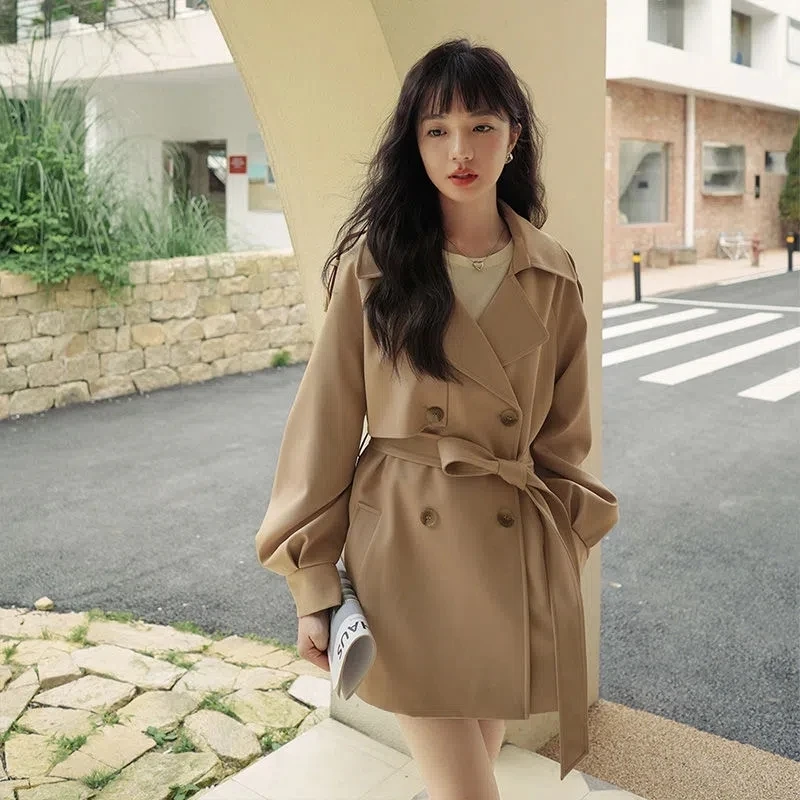 

Khaki Black Thin Short Trench Coat With Belt Casual Lapel Double-breasted Spring Autumn Women Loose Korean Windbreaker Outwear