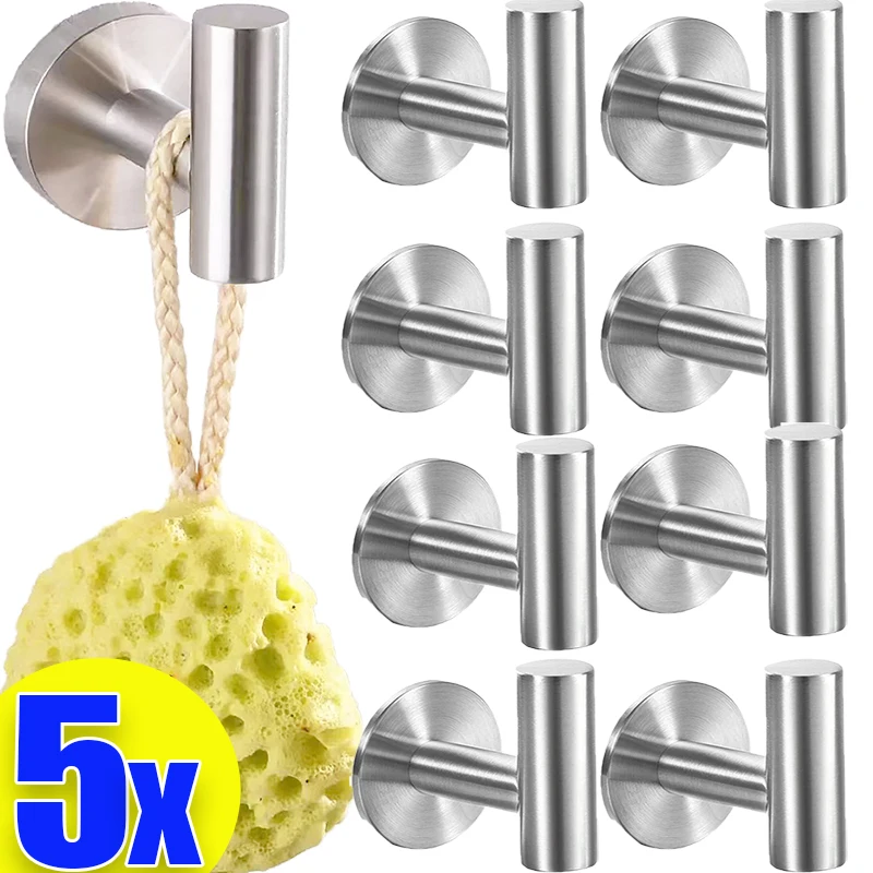 

5/1PCS Stainless Steel Self Adhesive Hook Bathroom Robe Keys Towels Hook Kitchen Home Hangers Shower Storage Holder Accessories