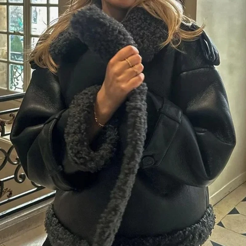 Faux Fur Leather Long Jacket Women Lapel 4