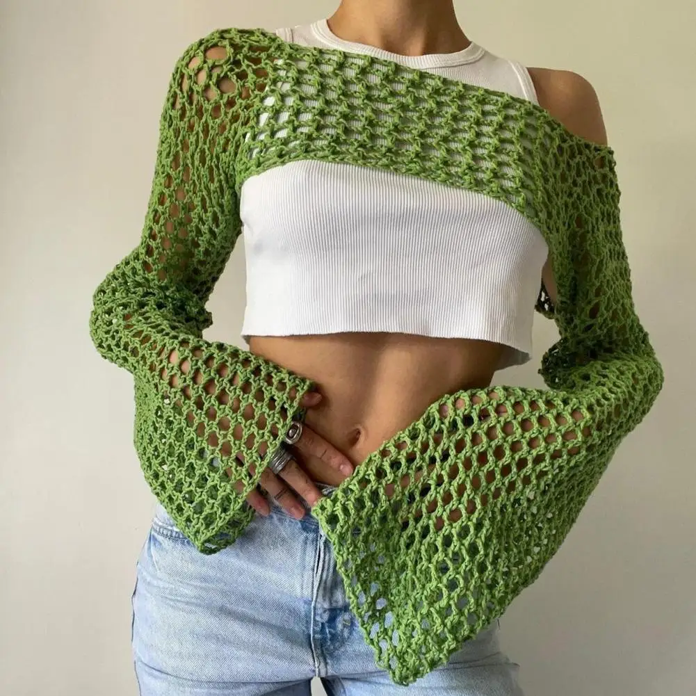 

Women Sweater Crochet Knit Hollow Out Knit Hollow Out Crop Top Long Flared Sleeve Shrug Sweater Mesh Cover Ups