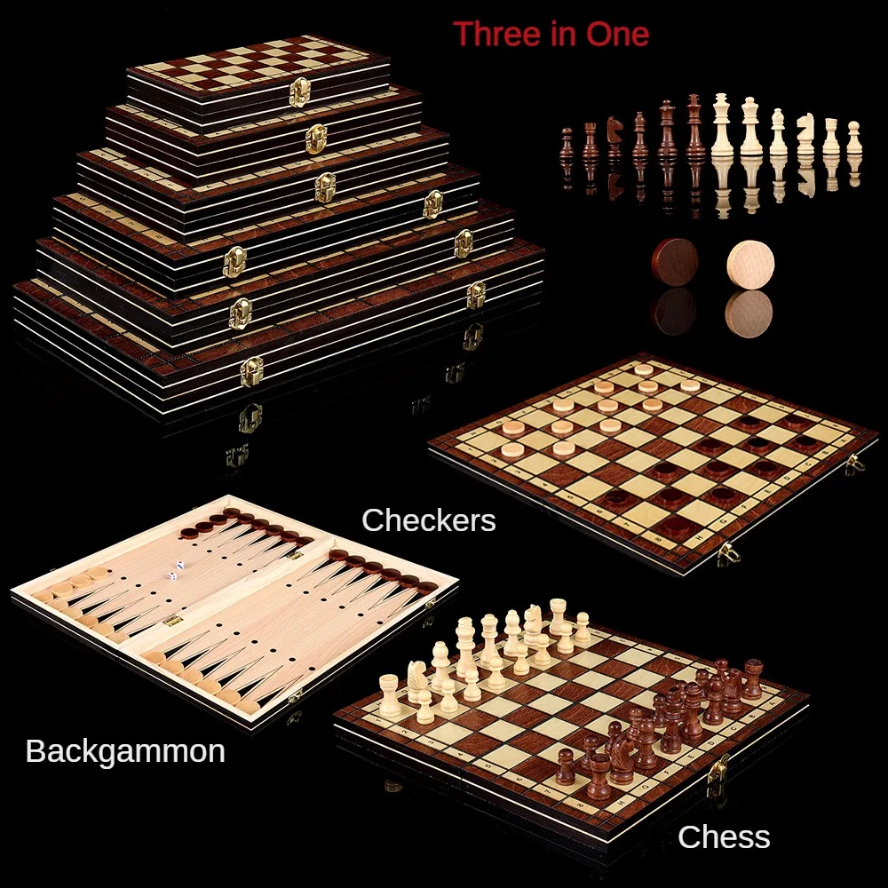 Board Game Wooden Chess Foldable Chess Board Table Games Folding Chess Board Chess Pieces and Board Three-In-One Foldable Wooden Chess Backgammon Checkers