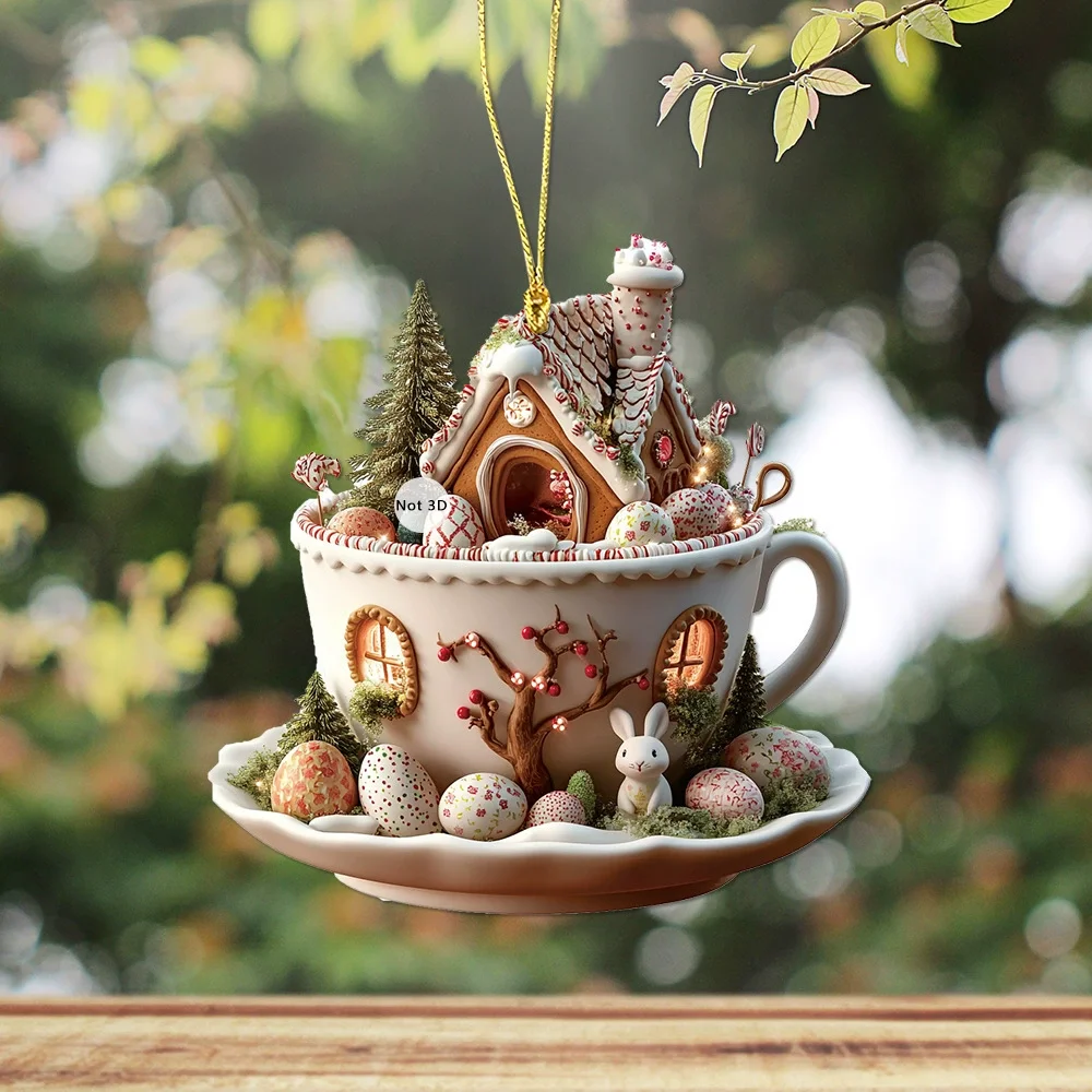 Easter Coffee Cup Ornaments Cartoon Bunny Egg House Coffee Mug Decorative 2D Acrylic Ornaments 2025 Spring Party Supplies  Decor 2