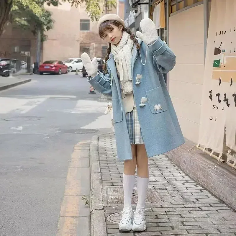 

Autumn and winter Korean version of 2022 Japanese college wind loose cowl buckle medium-length tweed coat coat hooded female