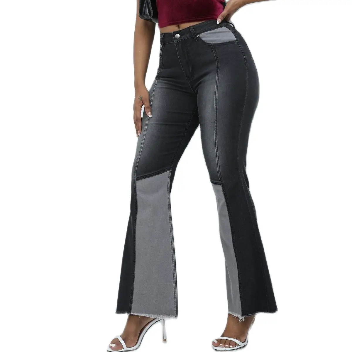 

Sexy Women High Waisted Flare Elastic Jeans Contrast Color Patchwork Wide Leg Long Denim Pants Fashionable Streetwear Jeans