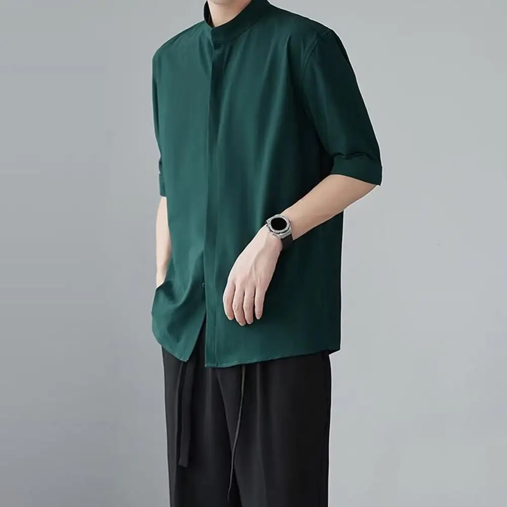 

Men Top Chinese Style Stand Collar Men's Shirt for Casual Daily Wear Office Top with Loose Mid Sleeves in Solid Color Spring Men