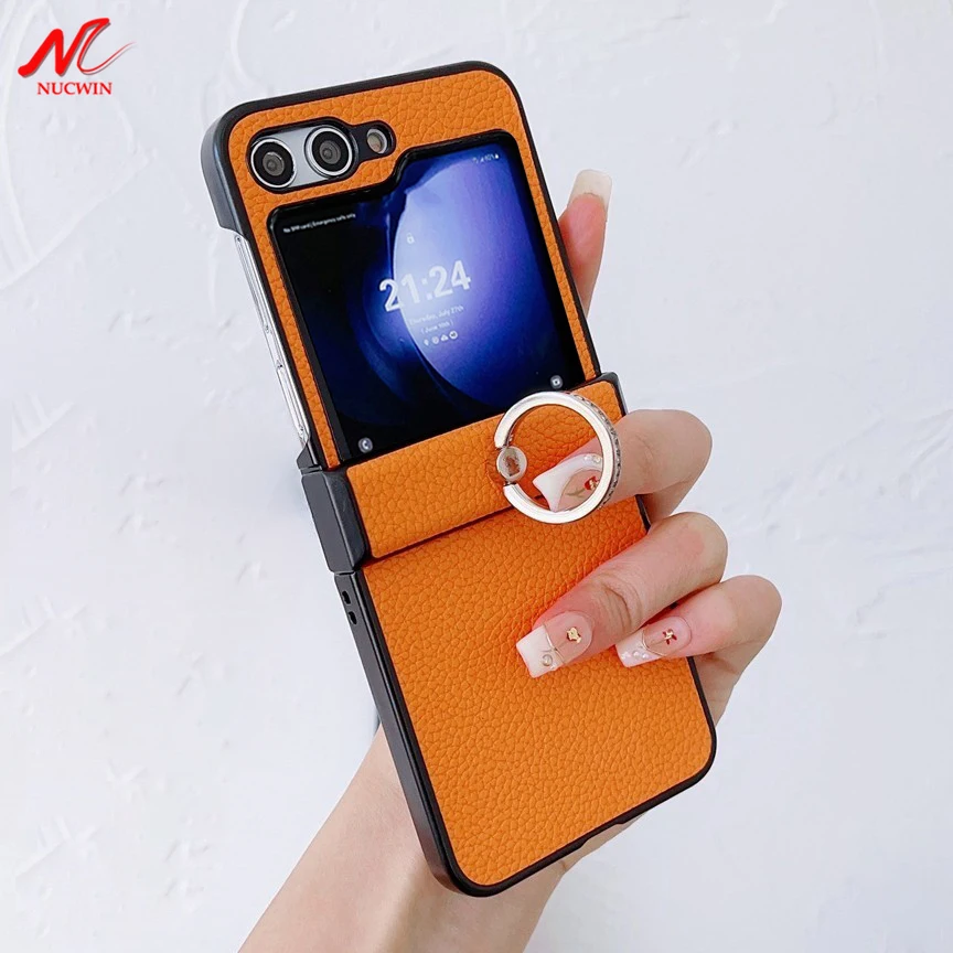Elegant Lichee Pattern Leather Ring Holder Case with Hinge Cover