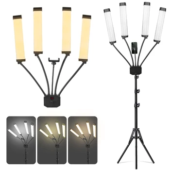 전문 문신 뷰티 램프 사진 LED 링 라이트, 유연한 4 암 LED 비디오 라이트, USB 충전 포트 포함, 65W 3200-5600K