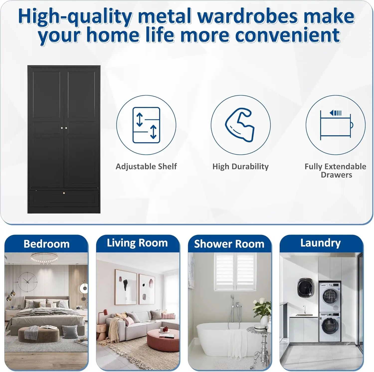 Metal Armoire Wardrobe Closet with 2 Doors 72''Wardrobe Cabinet with Drawers & Hanging Rail Metal Closet with Adjustable Shelves 6
