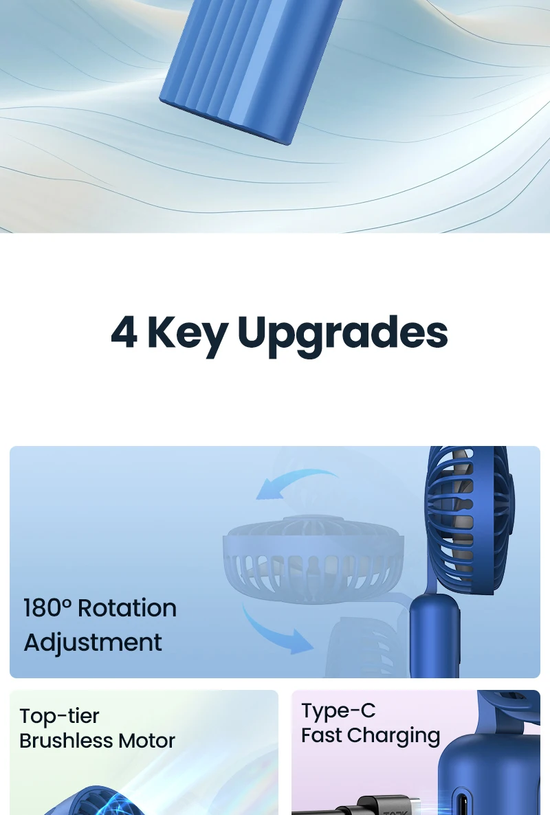 Description Picture 3 of itemTOPK 5000mAh Mini Portable Fan USB Rechargeable Hand Held Fan,Small Pocket Fan 3 Speeds with Lanyard &Base,USB Desk Fan Foldable