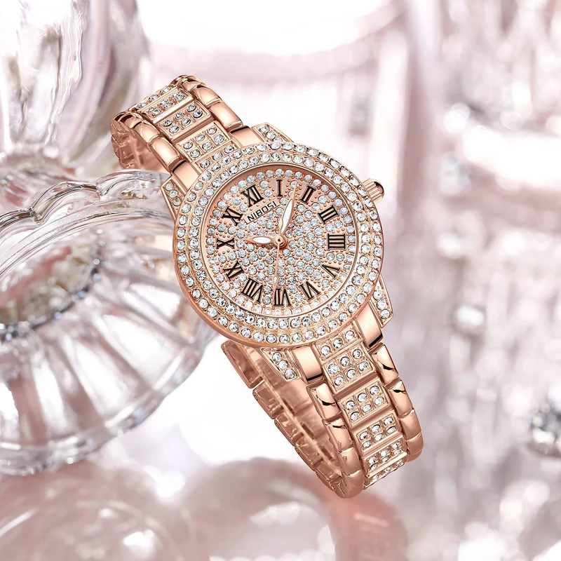 NIBOSI Brand New Luxury Diamond Quartz Watch for Women Fashion Rose Gold Bracelet Stainless Steel Women Watches Relogio Feminino