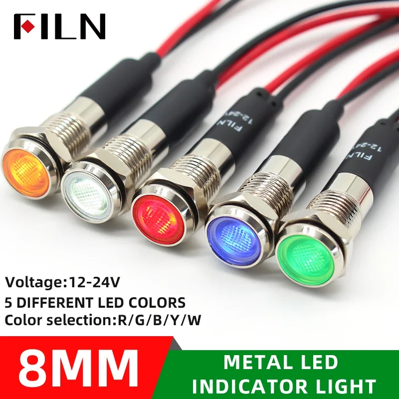 Indicator Light 8mm 12V 24V 110V 220V Metal LED Pilot Panel Dash Signal Indicator Warning light 20cm cable Chrome Finish Car Boat Marine